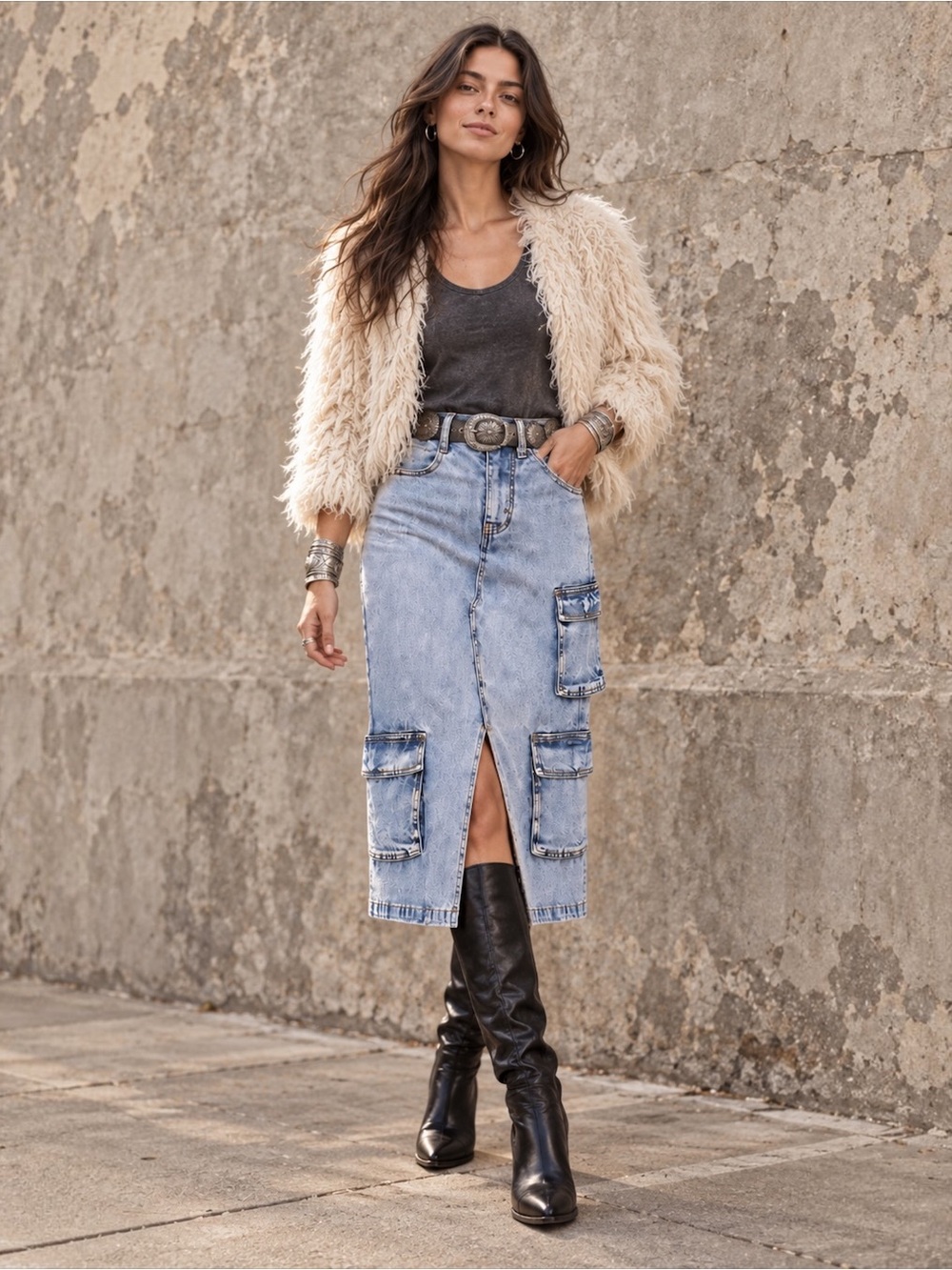 Y2K Light Acid Wash Cargo Denim Midi Skirt | Utility Grunge Front Slit